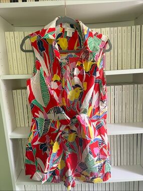 Cynthia Rowley Red Multicolor Tropical Print Sleeveless Romper